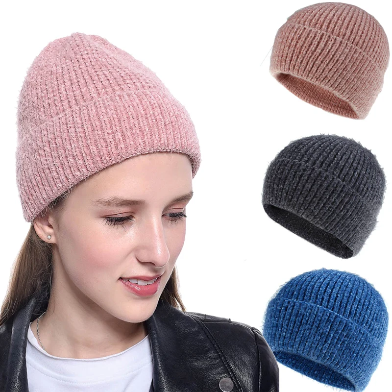 

Chenille Warm Hats for Women Solid Color Winter Knitted Hat Ear Protection Windproof Knitting Turban Cap Fashion Girls Headwear