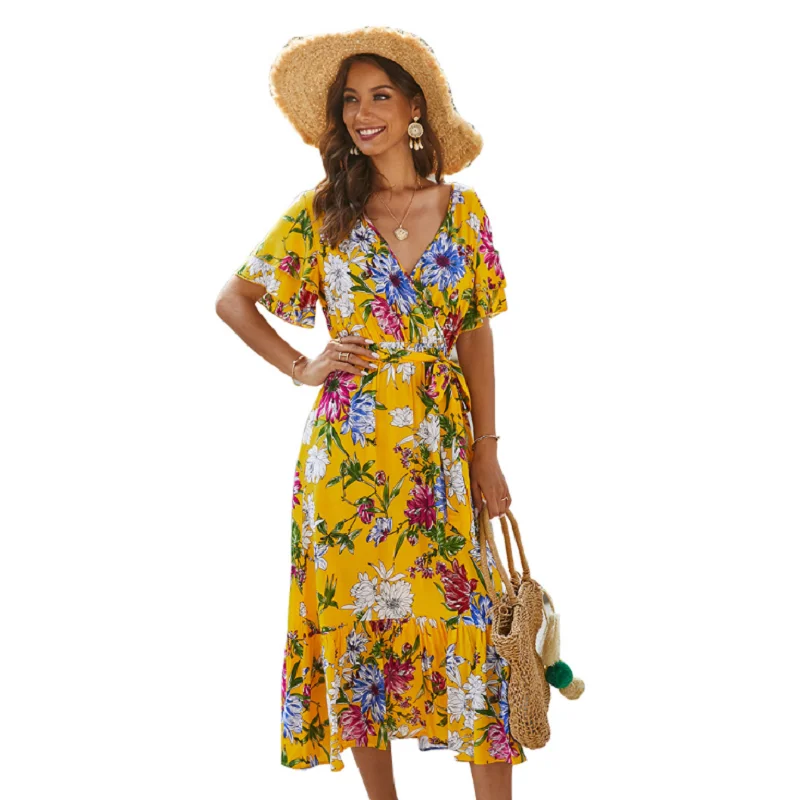 

2020 New Women Floral Print Beach Long Dress Summer Boho Maxi Sundress Casual Short Sleeve Elegant V-Neck Dress Party