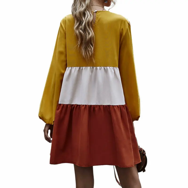 

Women Long Sleeve Patchwork Round Neck A-Line Holiday Puff Sleeve Mini Dresses