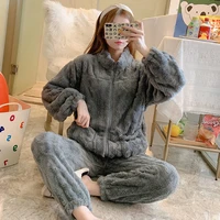 flannel and velvet thickened thick warm pajamas autumn and winter new casual solid color cardigan home pajamas set
