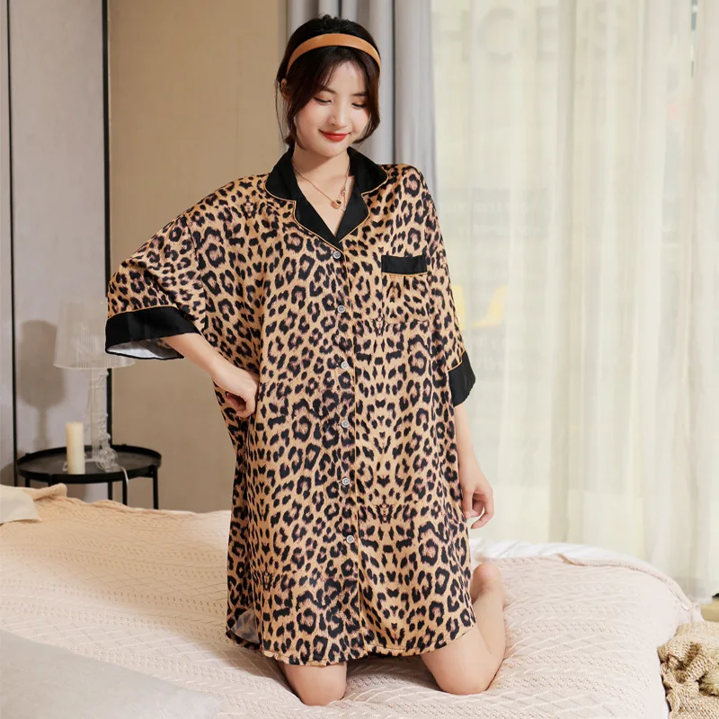 

Women Nightshirt Casual Sleepwear Leopard Nightgown Satin Nightdress Summer New Nightwear Lingerie Sexy Home Dressing Gown