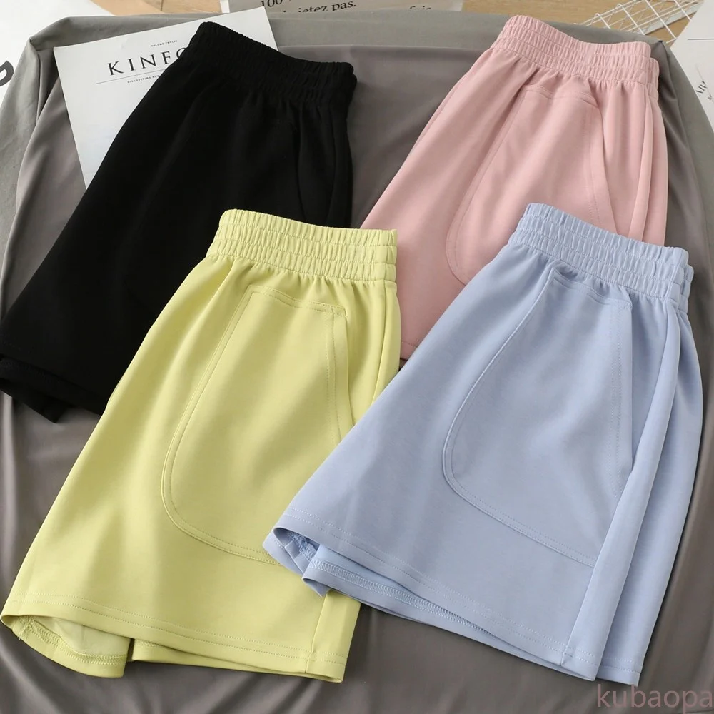 

Женские повседневные свободные шорты, однотонные летние шорты в Корейском стиле с эластичным поясом и карманами, бесплатная доставка