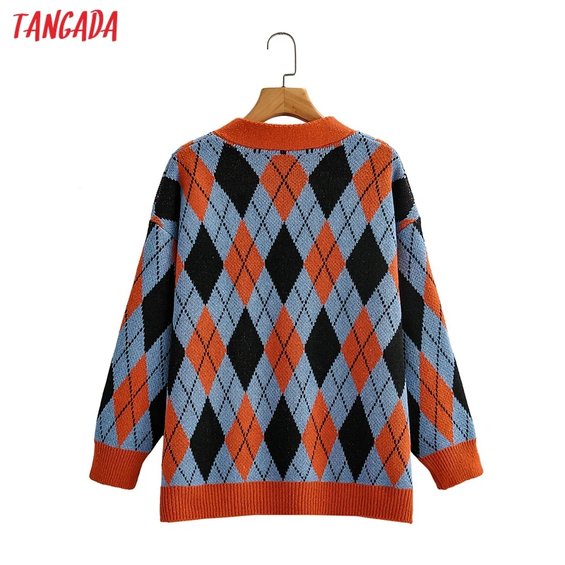 

Tangada Women Diamond Pattern Warm Thick Cardigan Vintage Jumper 2021 Oversized Knitted Cardigan 1F312