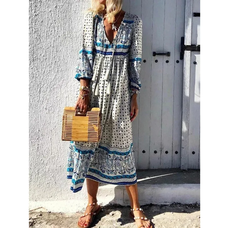 

Summer new European and American wind blast deep V print long-sleeved long skirt dress