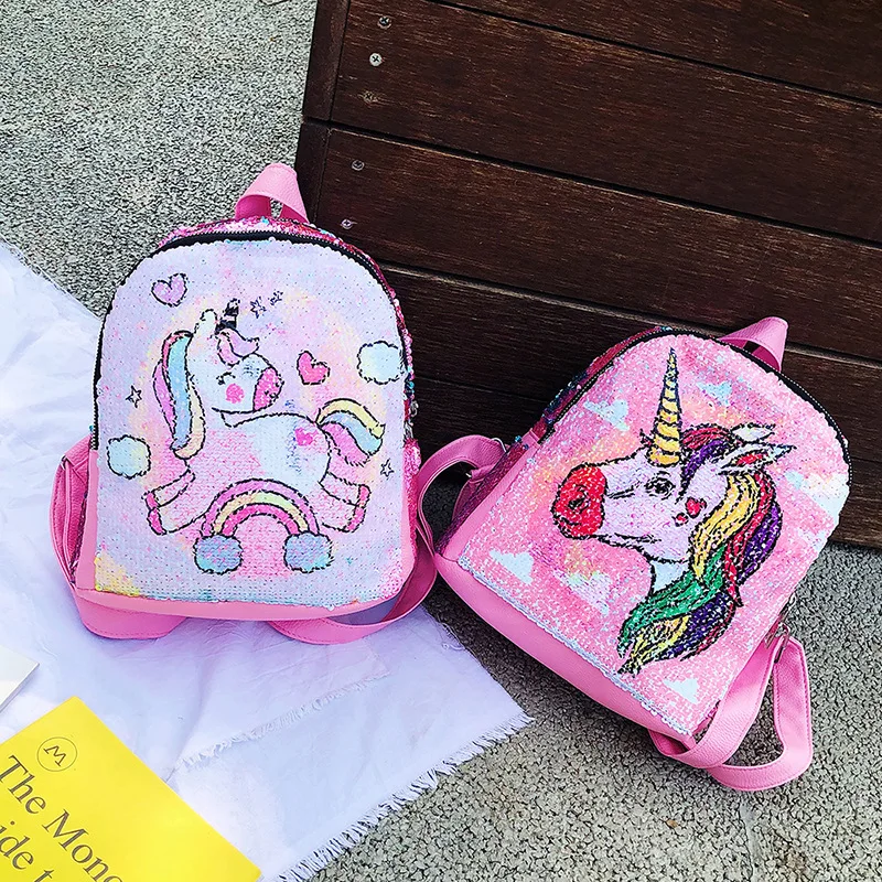 

Girl Sequin Mermaid Backpack Children Zipper Pink Unicorn Schoolbag Teenager Hologram Heart Love Backpack For School Travel Bag