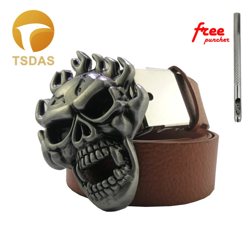 Men Fire Skull Belt Buckle with Metal Silver Vintage Finish Width Western Cool Punk Rock Style Boy's Birthday Gift | Дом и сад