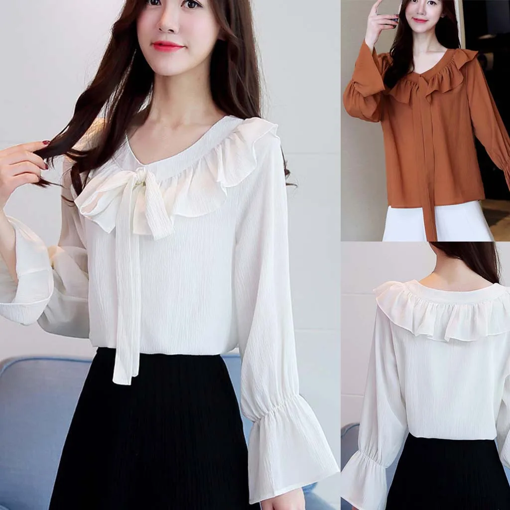 Женская Свободная шифоновая рубашка с длинным рукавом и оборками Повседневная