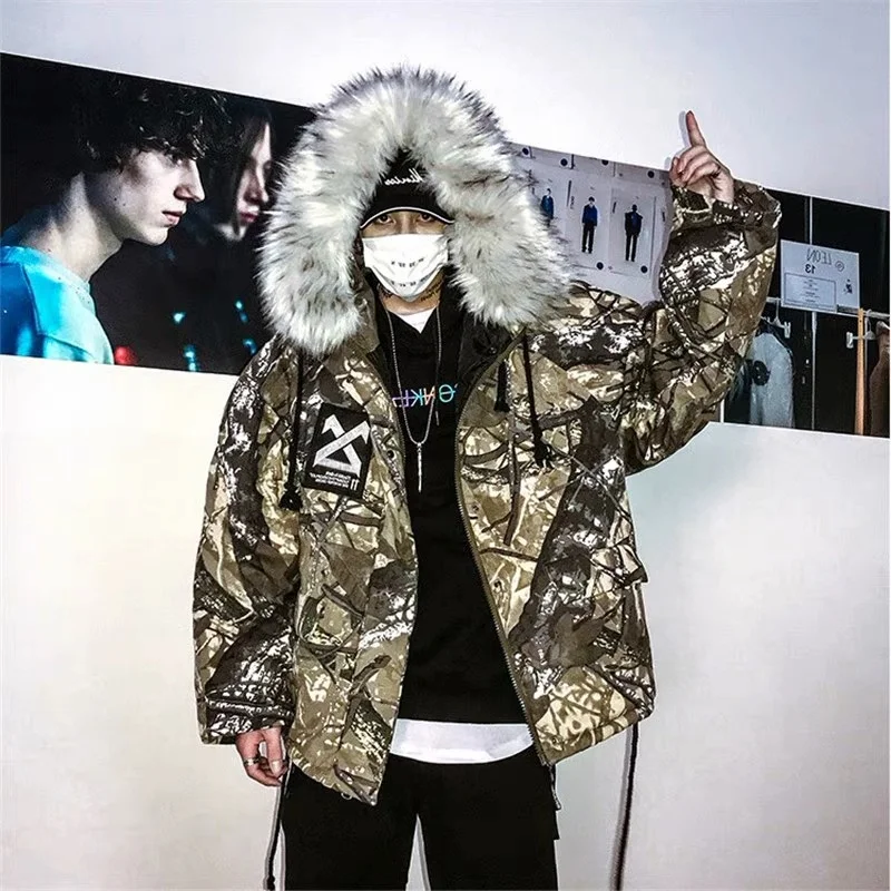 Popular Style Man's Cotton Parkas Vintage Printed with Faux Fur Collar Trend Outerwear Coat & Jacket for Male Plus Big Size XXXL