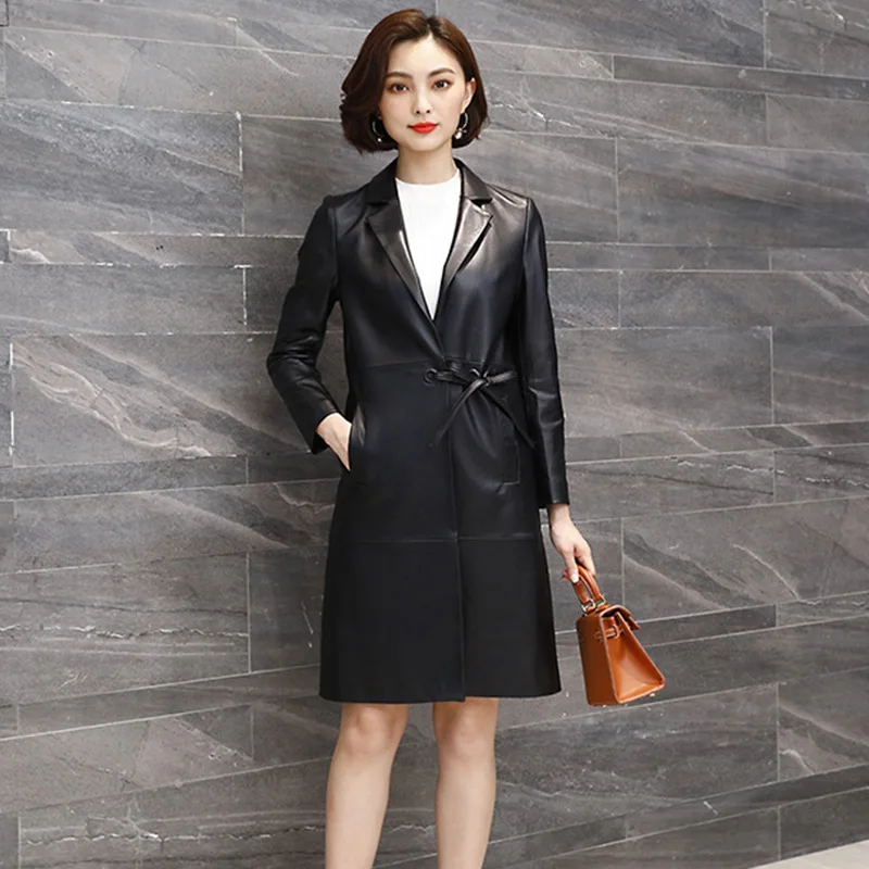 Женский Длинный блейзер из натуральной кожи демисезонная Ветровка овечьей F18J16051