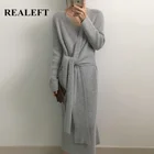 REALEFT Новинка 2020 Осень Зима теплые вязаные платья спереди с перекрестным v-образным вырезом миди платье с длинным рукавом элегантное Бандажное прямое платье
