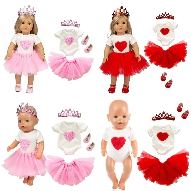 

Doll Dress Up Clothes Suit Love Heart Pattern Top Princess Skirt and Shoes for 18 Inches US Girl Doll Accessories Creative Child