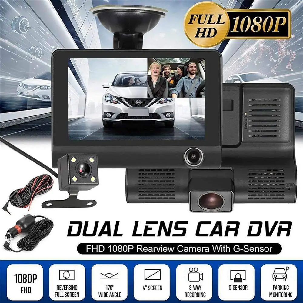 Автомобильный регистратор 4 &quot1080P FHD ЖК экран 3 объектива камера заднего вида угол