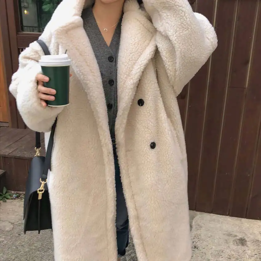 

Winter Notched Collar Hairy Shaggy Faux Fur Long Teddy Coat Ivory Woman Shearling Fluffy X-Long Jackets Keep Warm Outerwear