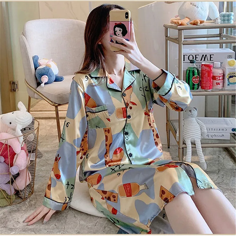 CAIYIER Solid Red Silk Night Dress Winter Long Sleeve Women Sleepshirts Sexy Loose Turn-down Collar Large Size Homewear M-3XL