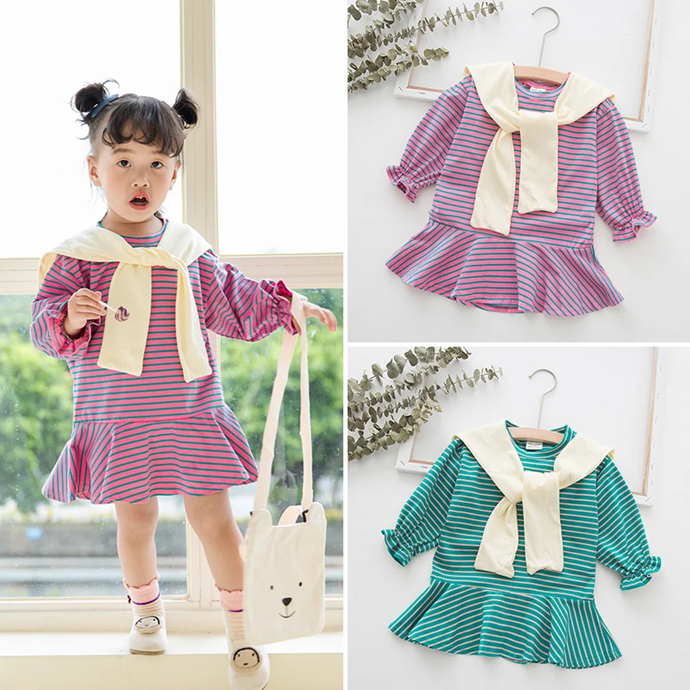2019 Autumn Children's Dress with Shawl 2 Pcs Set Girl Striped Casual Long Sleeves for Outwear | Детская одежда и обувь