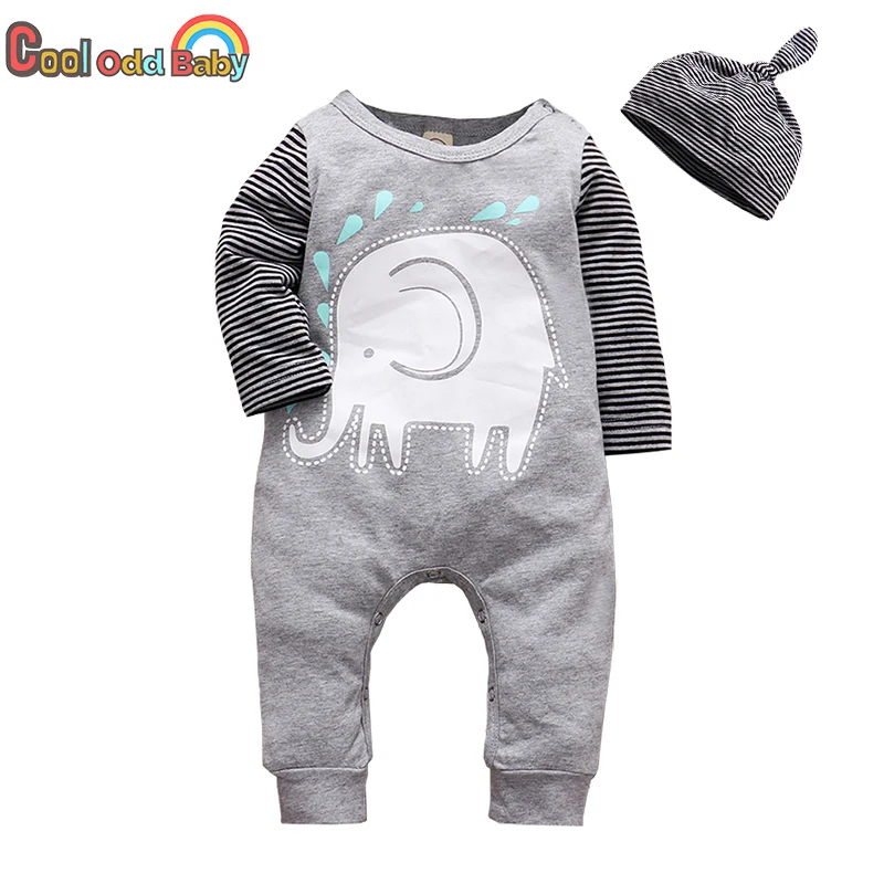 Autumn Newborn Baby Boy Romper Infant Clothes Cartoon Elephant Pattern Long Sleeve Jumpsuit Hat New born Toddler Clothing Outfit