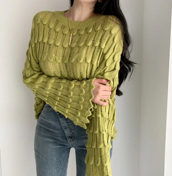 

Autumn Retro O-neck Pullovers Women Layered Feather Design Sense Knitted Tops Mujer Flare Long Sleeve Knit Sweater