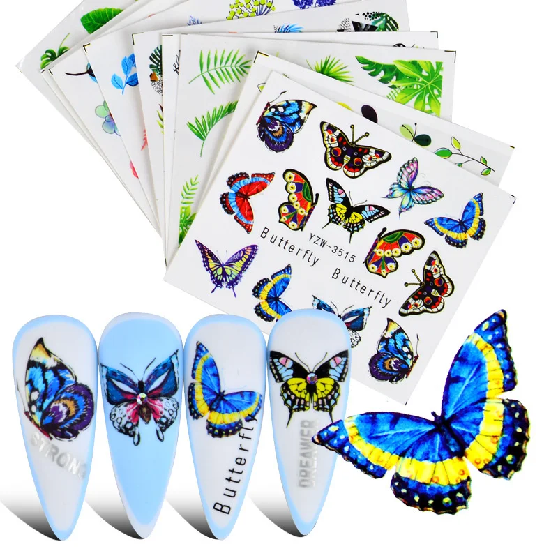 

2021 New Style Nail Butterfly Stickers Label Tape Beauty Water Transfer Nail Foils 3D Decals Black Word Nail Sliders Accessories