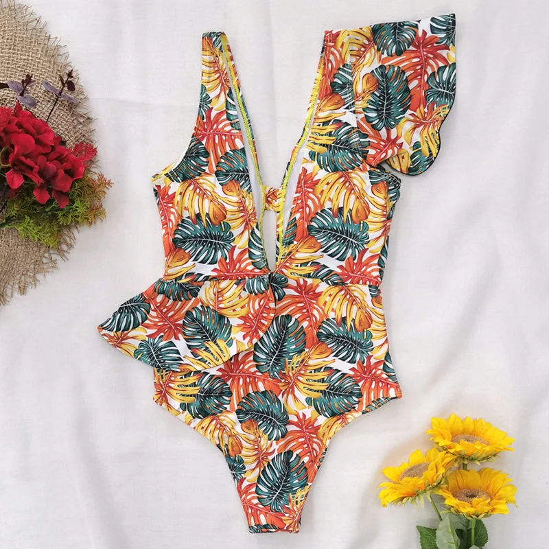 

2021 New Ruffle Print Floral Women Swimsuit Swimwear Women Solid Deep-V Beachwear Bathing Suit Monkini K2