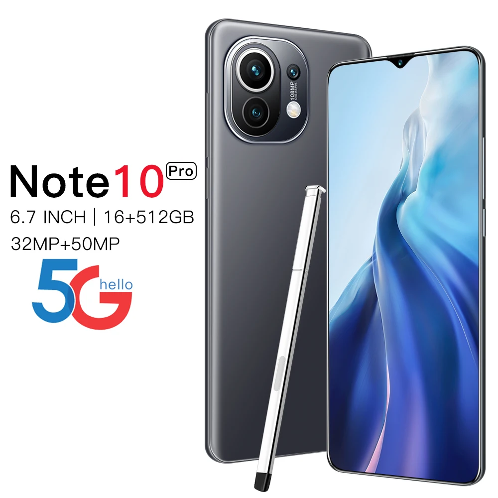 

2021 Global Version Note10 Pro 6.7 Inch Smartphone Full Screen 16+512GB ROM 6800mAh Battery Unlocked 5G Android Mobilephone