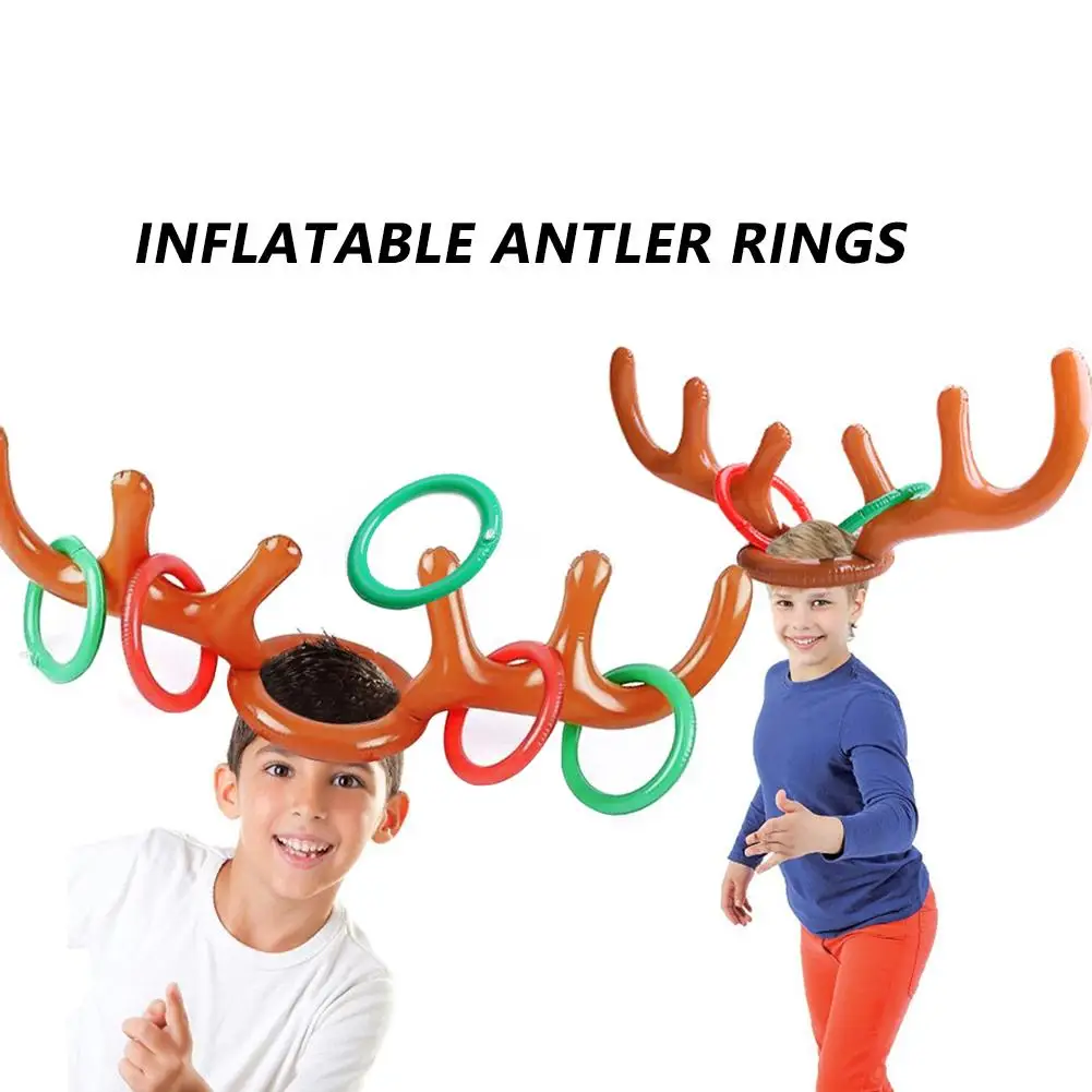 2 Set PVC Headband Kids Toy Lovely Inflatable Reindeer Antlers Hat Christmas Throwing Toys with 4/8/12x Rings Kit