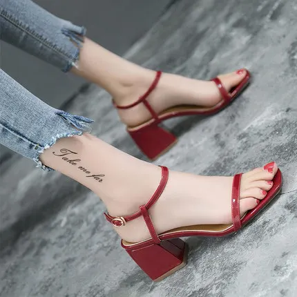 

Red female summer fairy style 2021 new wild word buckle net red thick with high heels Roman women's shoes