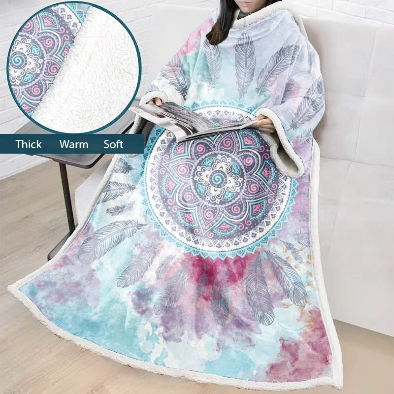 

Feather Print Blanket With Sleeve Plush Warm Blanket Soft Sofa Bed Travel Throw Blankets for Adult