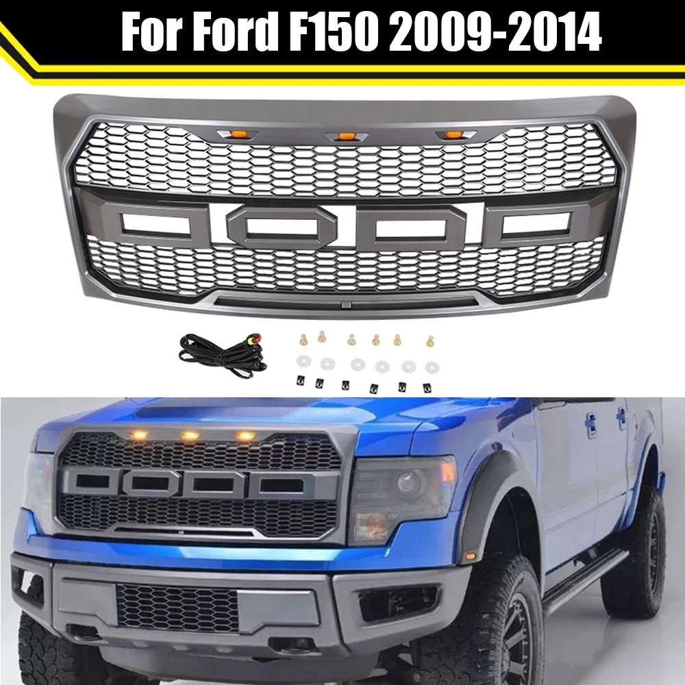 W/LED Light F-150 Front Bumper Raptor Grille Centre Panel Upper Grill 4X4 Offroad  Modified Gray Grills For Ford F150 2009-2014