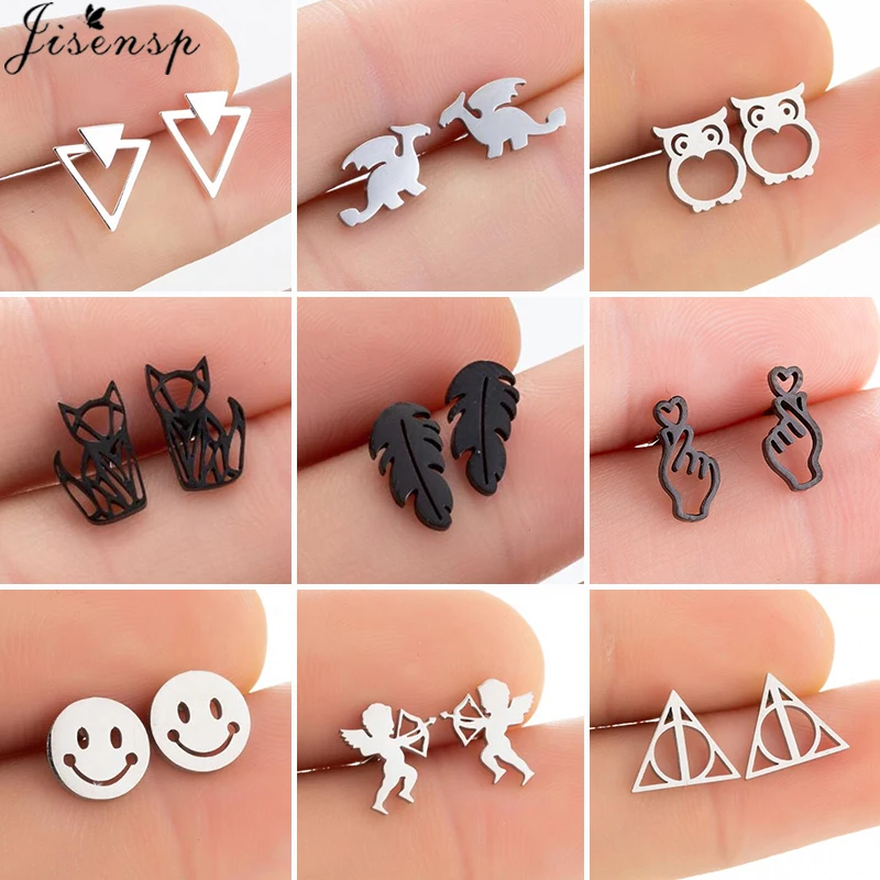 

Punk Black Stainless Steel Stud Earrings for Women Men Multiple Fashion Owl Leaf Earings Deathly Ear Studs Hallowmas Pendientes
