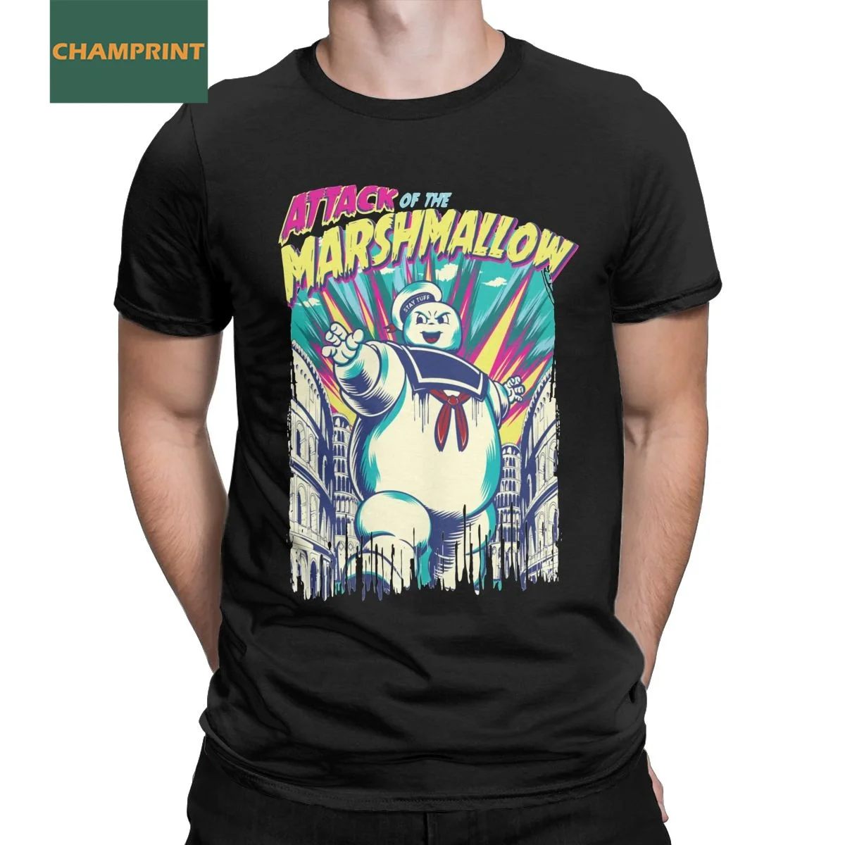 

Novelty Attack Of The Marshmallow Ghostbusters T-Shirt Men Round Collar 100% Cotton T Shirt Short Sleeve Tees Gift Idea Clothing