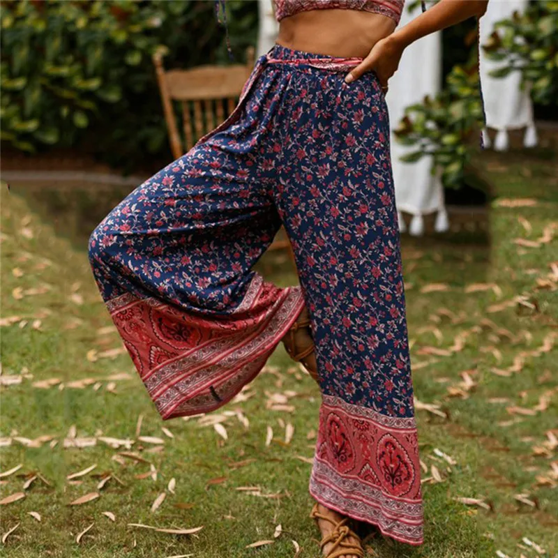 

Women Print Floral Wide Leg Pants High Waist Beach Pant Ladies Solid Color Bangage Vintage Trousers Ladies Long Pant