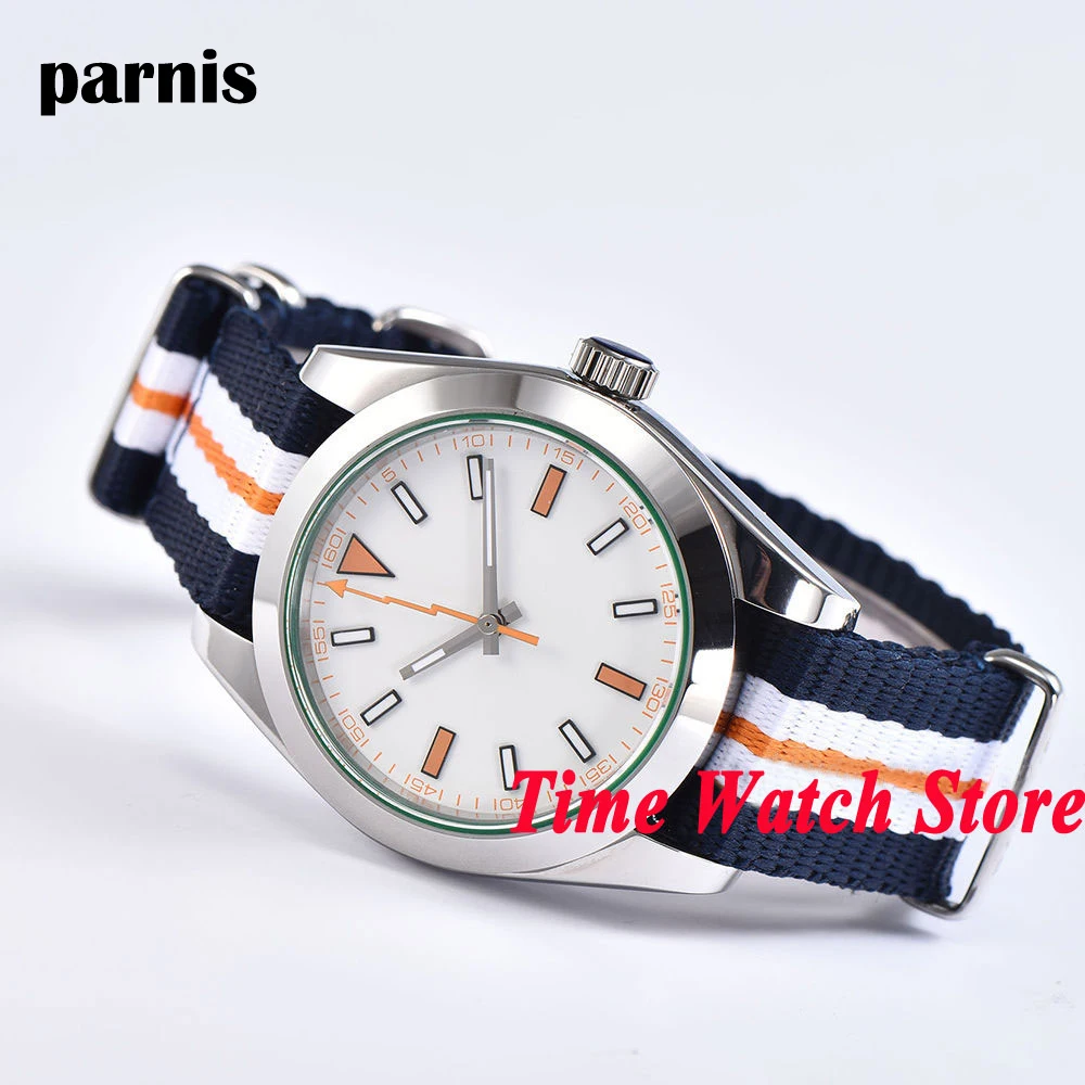 40 мм Parnis белый стерильный циферблат оранжевая вспышка ручная сапфировое стекло