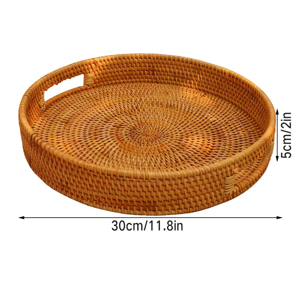 

Rattan Storage Tray Hand Woven Picnic Basket Bread Fruit Snacks Food Storage Baskets Display Desktop Serving Tray With Handle