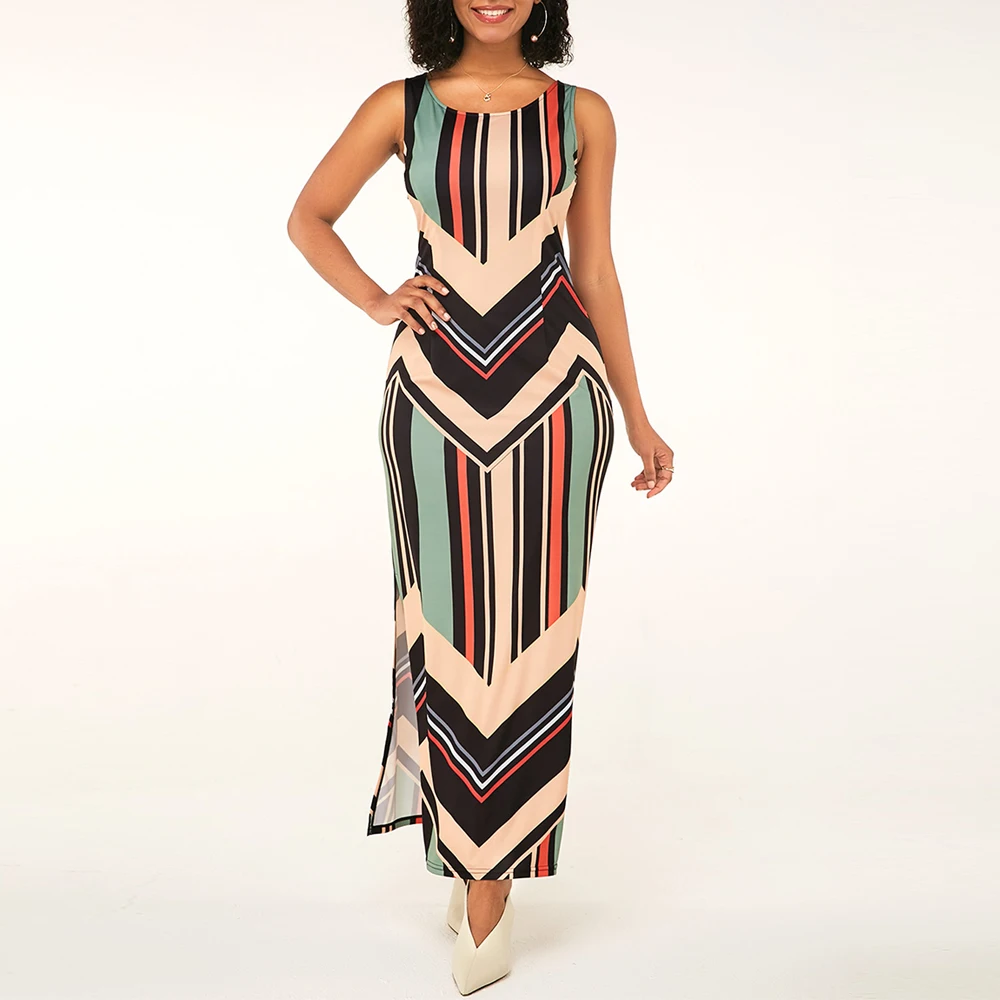 

OTEN Striped Print Side Slit Maxi Dress Women Colorblock Sleeveless Slim Fit Long Bodycon Dresses Chaleco Para Vestido De Raya