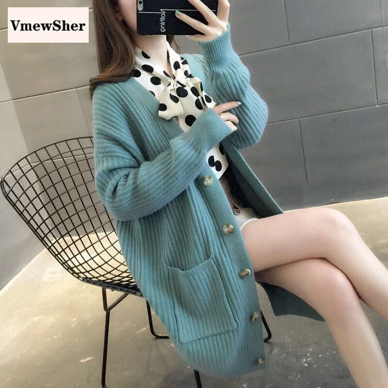 

VmewSher New Women Autumn Spring Cardigan Long Single Breasted Sweater Coat Fashion Pockets Knitwear Chic Lady Elegant Knit Top