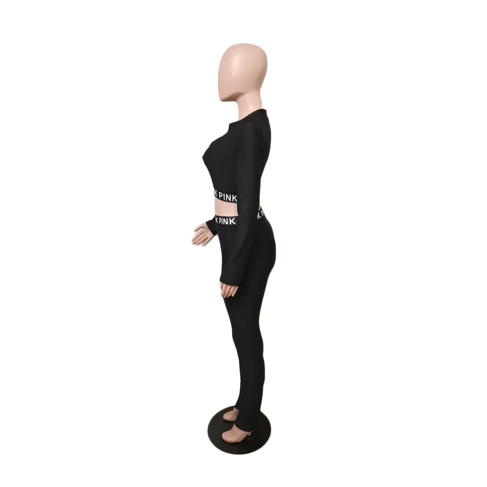 

Solid Letter Two Piece Sportswear Casual Matching Set Clothes Deep V-Neck Zipper Long Sleeve Tops Skinny Sexy Long Pants