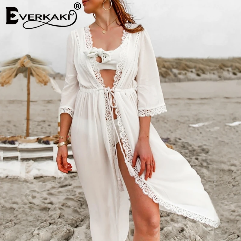 Женское кимоно Everkaki белое пляжное пальто в стиле бохо с кружевными вставками и