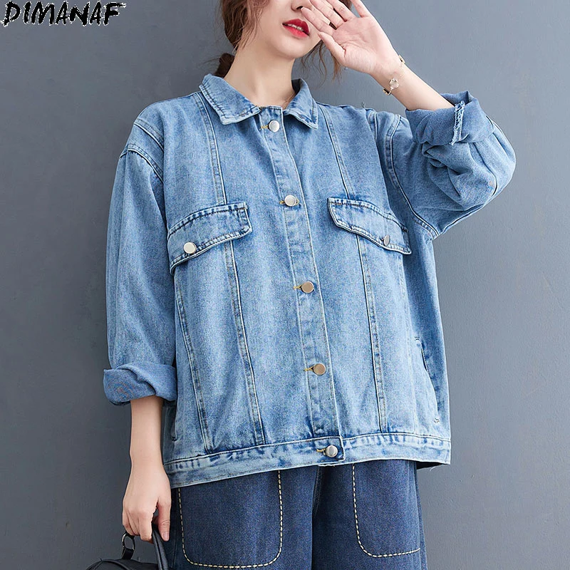 

DIMANAF Autumn Winter Bomber Jacket Coat Women Clothing Oversize Cotton Denim Fashion Lady Loose Streetwear Outerwear Blue Coats