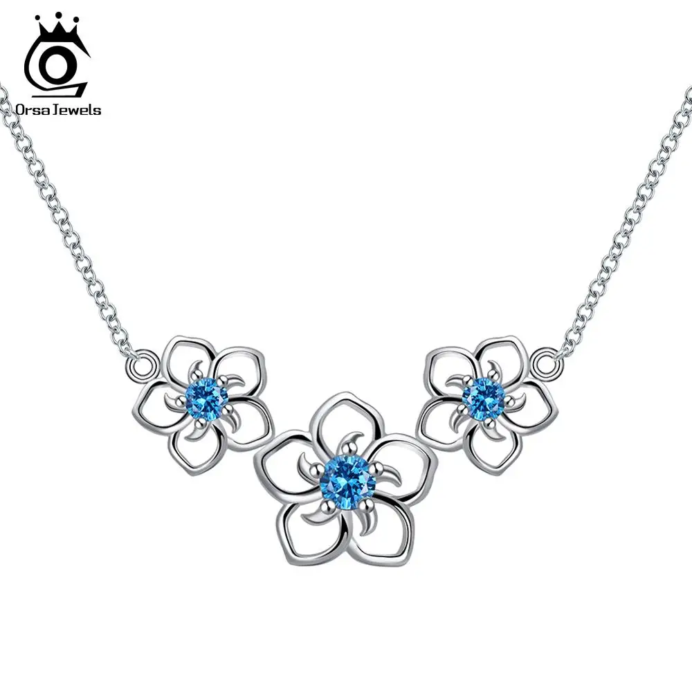 ORSA JEWELS Настоящее Стерлинговое Серебро ожерелья для женщин 3 Шт Полые Цветы с фианитом высшего класса женские ювелирные изделия SN96 - Gem Color: Blue Zircon