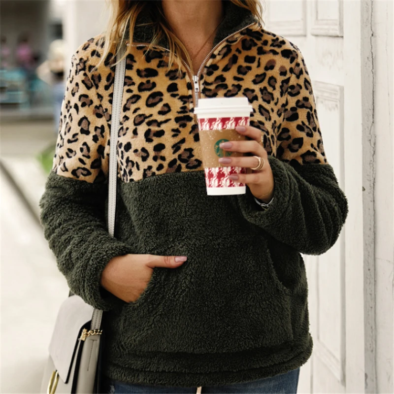 2019 Autumnn Women's Faux Fur Sweater Leopard Turtleneck Teddy Bear Fleece Pullover Zipper Coat Outwear Femme Modis | Женская одежда