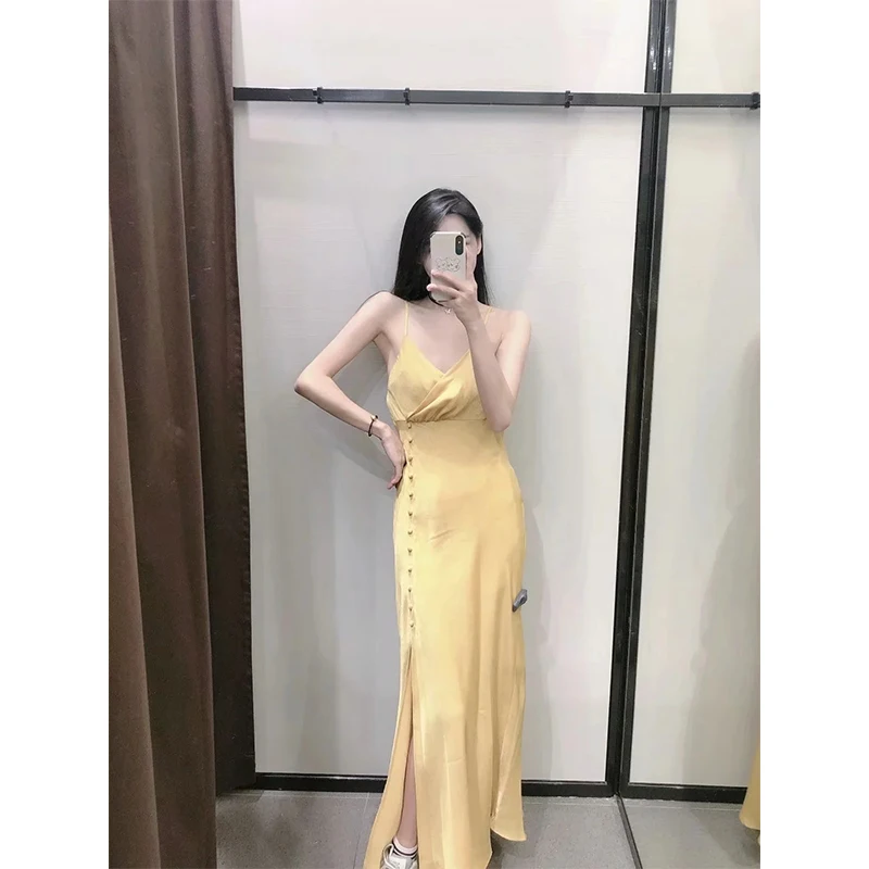 

Za 2021 Satin Long Dress Women Yellow Slip Summer Dress Woman Black Elegant Midi Party Dresses Red Sexy Night Dresses