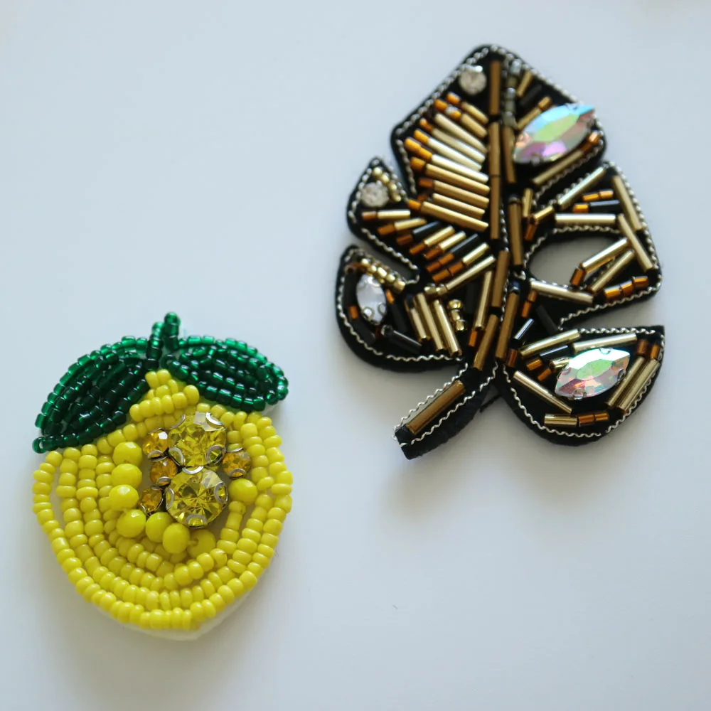 

2pc/lot Fashion leaves lemon patches for clothes rhinestone beaded Patches for clothing DIY sew on parches Embroidery appliques