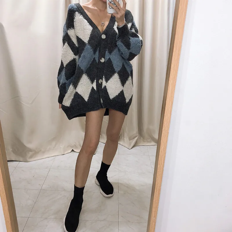 Женские осень зима связанное с узором &quotромбиками&quot сексуальная v вырезом и