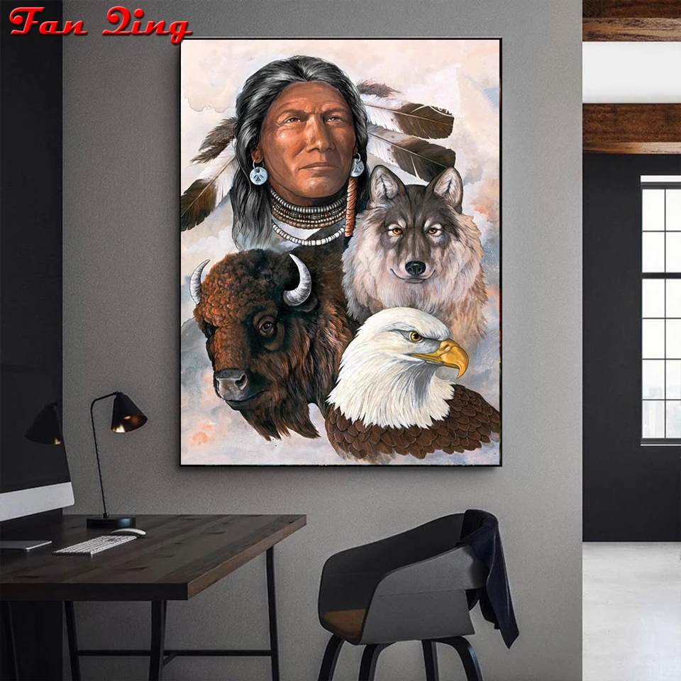 

5D Diamond Painting Indians And Animals Wolf Eagle Bull Rhinestone Embroidery Full Square Round Mosaic Cross Stitch Handmade