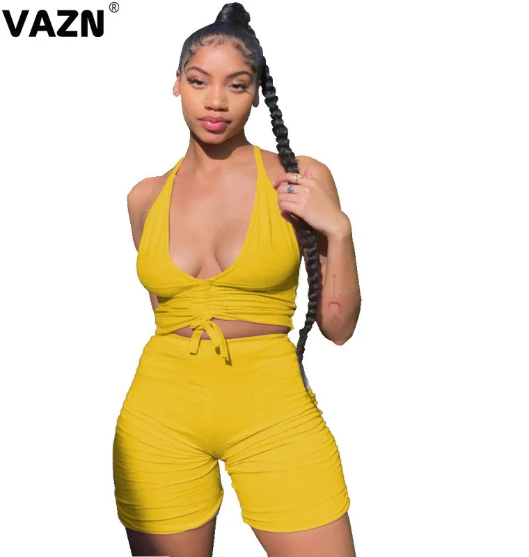 VAZN Sexy casual 2020 summer sexy lady 3 color s2-piece short set spaghetti strap tops shorts young skinny sets |