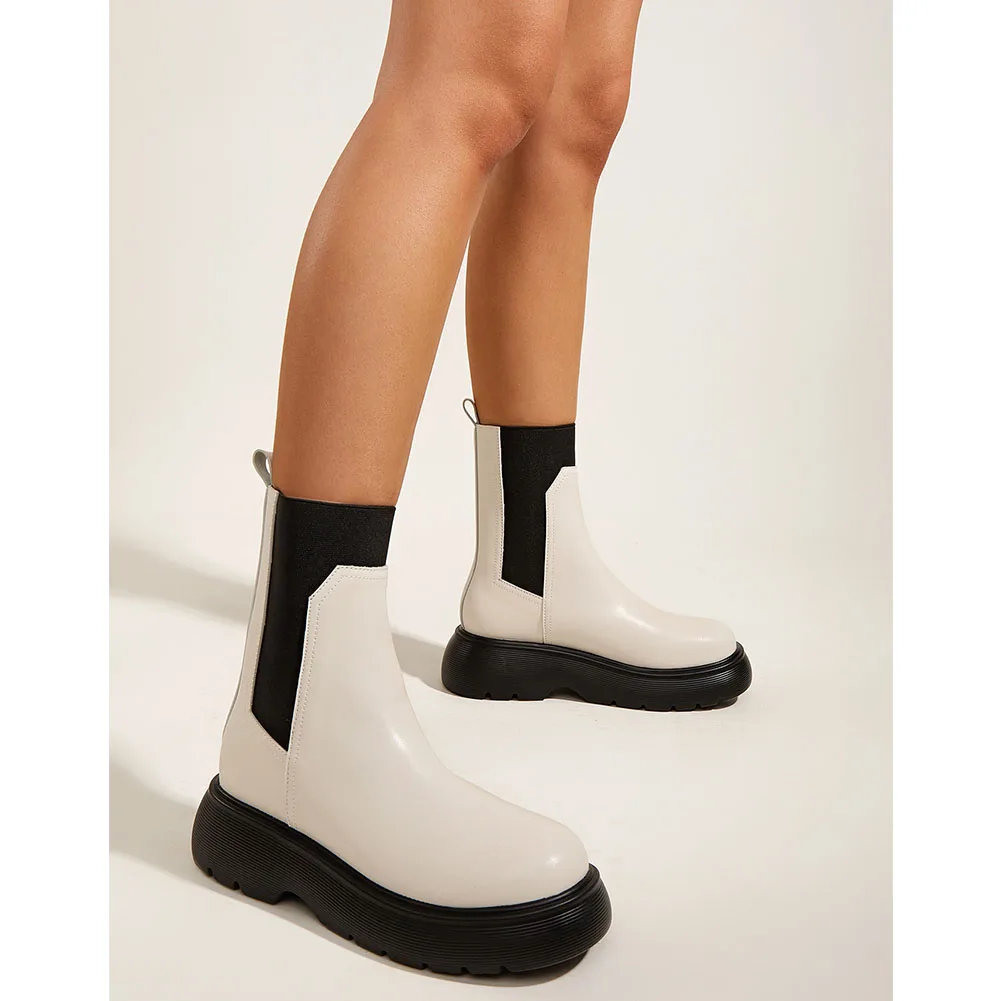 

SaraIris Brand Women Boots Slip On Solid Round Toe Chunky Heel Round Toe Platform Boots Casual Leisure Trendy Comfy Winter Shoes