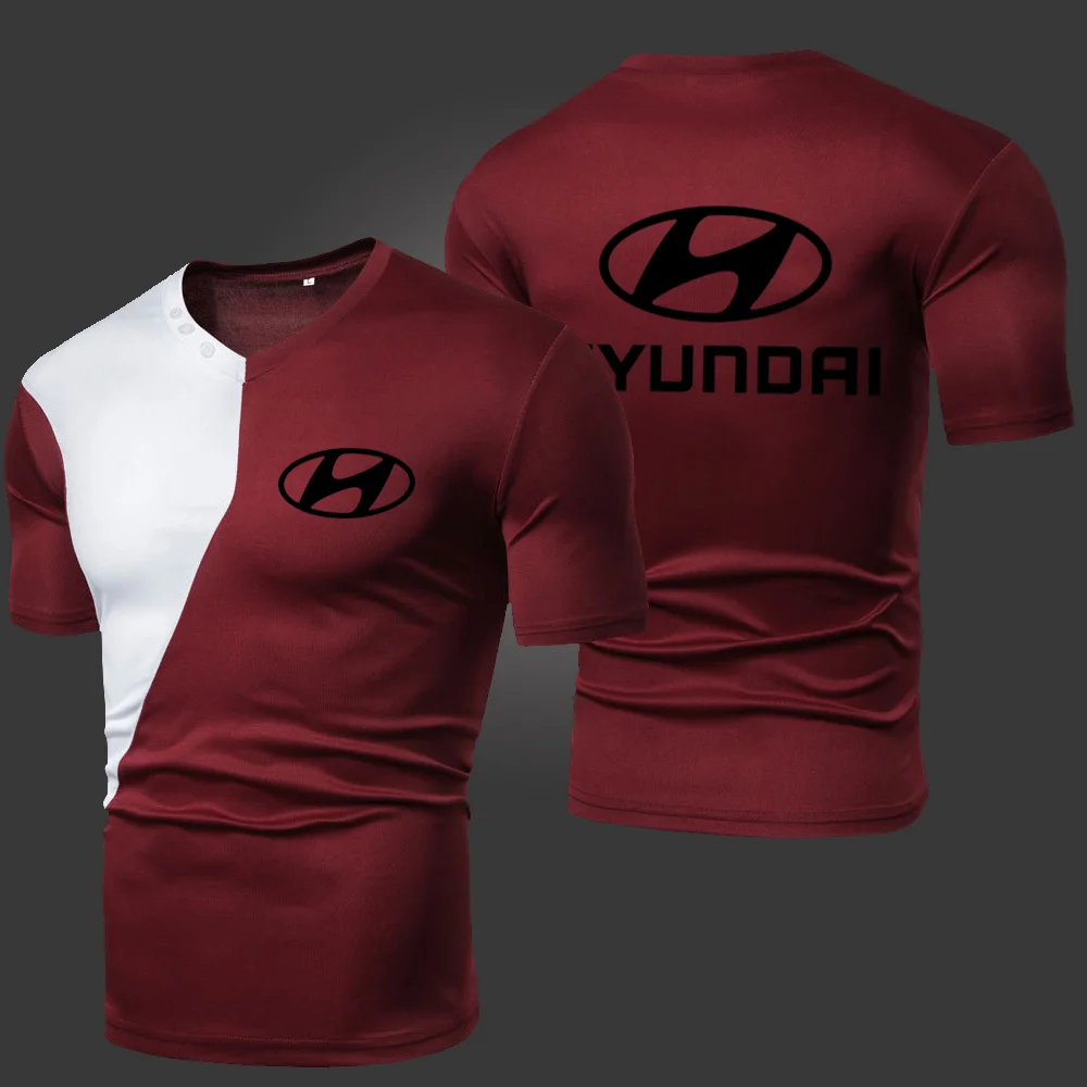

Summer New Hyundai Men's T-Shirts Solid Color Splicing Casual Breathable Sports Slim Fitting Short Sleeve V-Neck Spotswear
