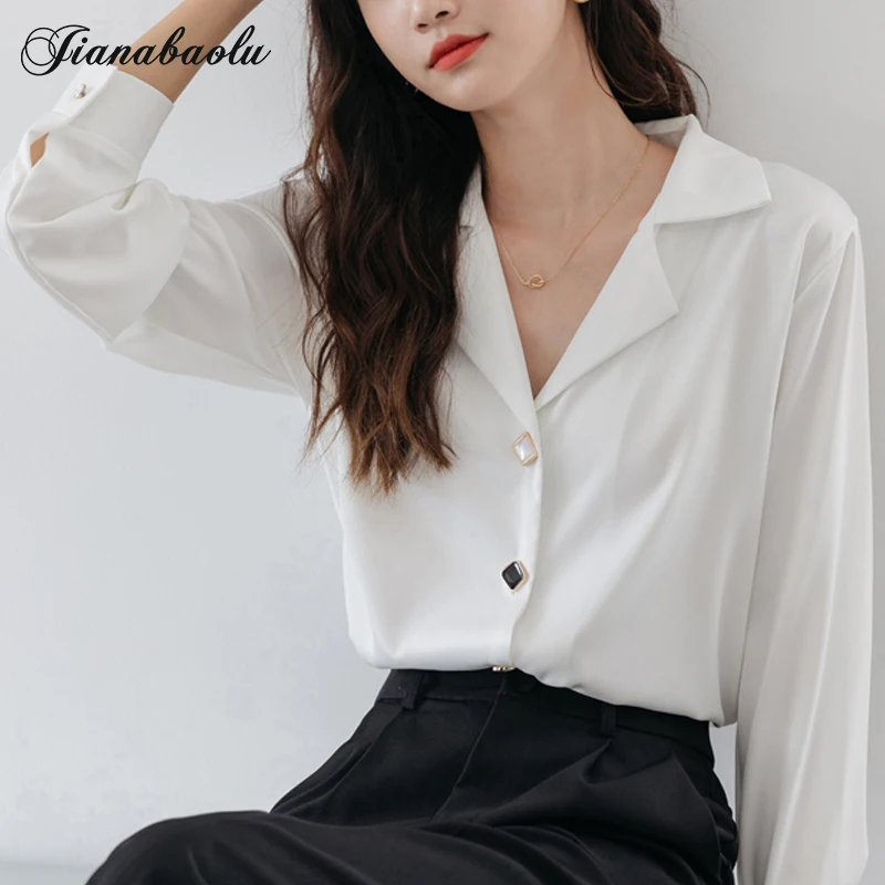 

2022 Spring New Korean Blouse Women Office OL Shirts Tops Elegant Long Sleeved Suit Collar White Workwear Blusas Mujer De Moda