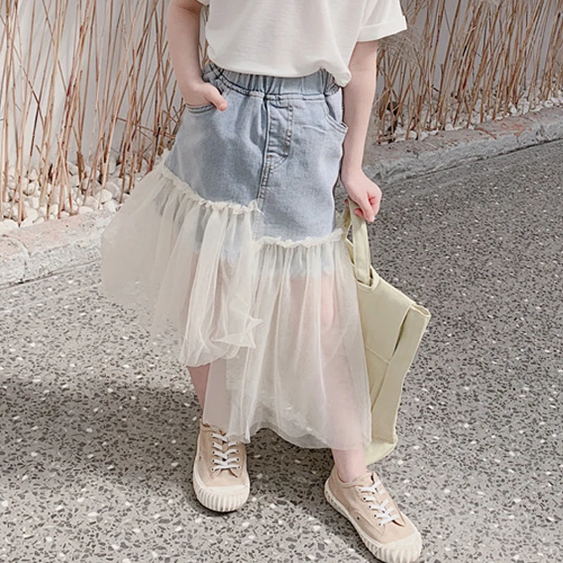 Летняя юбка для девочек детская длинная Модная Джинсовая сетчатая с нашивками