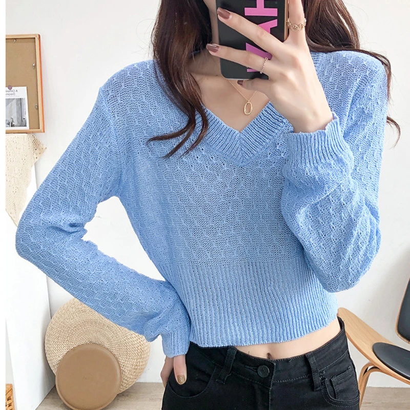

LJSXLS Women Solid Hollow Out Knitted short Sweater Autumn Winter V Neck Tops Casual Female Long Sleeve Loose Pullovers Sweaters